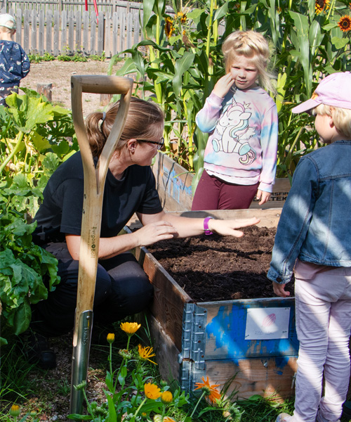 Linnea Granath och förskolebarn odlar i pallkrage