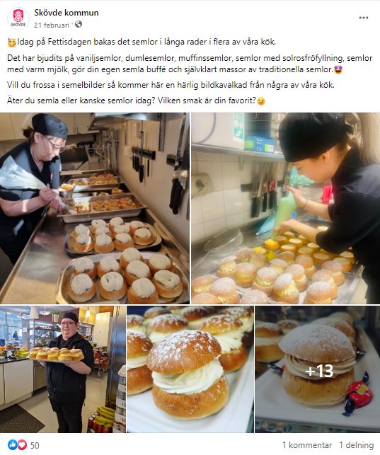 Facebookinlägg med fotografier på kockar och bagare som gör semlor. 