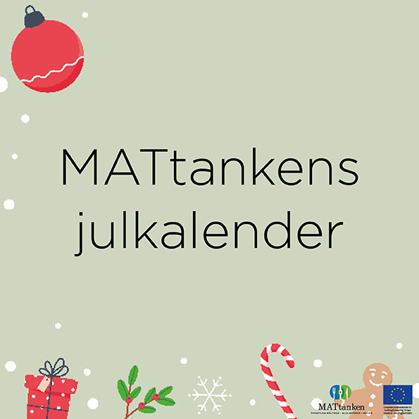 En lucka i julkalendern. Grön bakgrund och illustrationer av bland annat julkula och pepparkaka. Texten: MATtankens julkalender