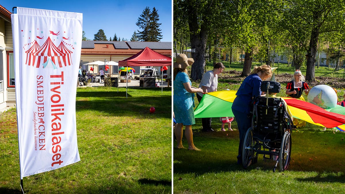 Förskolebarn, äldre och personal som leker med ett stort tygstycke. En flagga där det står Tivolikalaset, Smedjebackens kommun