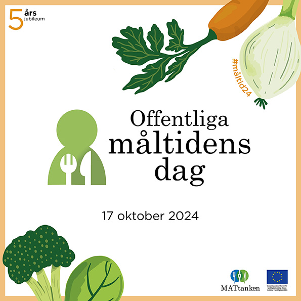 Illustration med morötter, lök, broccoli och sallad. Texten: Offentliga måltidens dag 17 oktober 2024