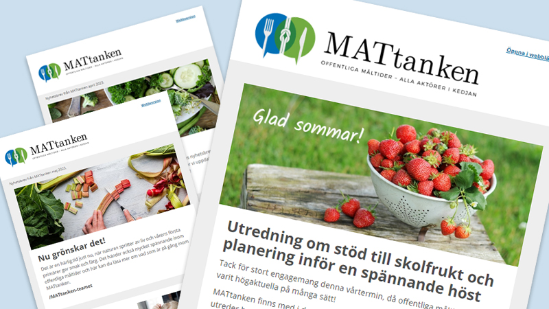 Montage där tre av MATtankens digitala nyhetsbrev syns.