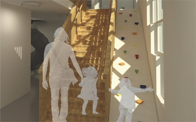 Skiss på hur en trappa kan kombineras med klättervägg för barn.
