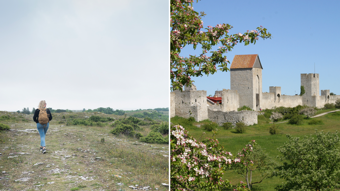 Kvinna går längs kusten. Visby ringmur.