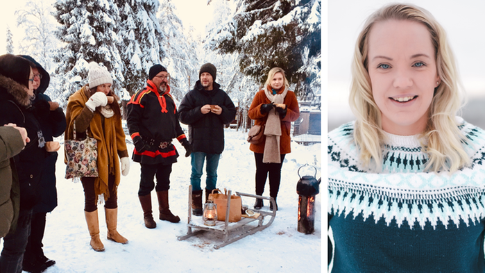 Kollagebild. Människor som dricker kaffe i  ett snölandskap, varav en av dem är klädd i samiska kläder. Till höger syns en porträttbild på Jessica Wennberg.