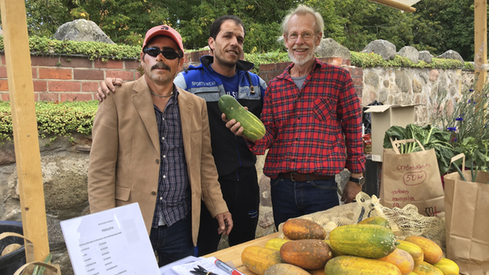 Skender Hasa, Hassan Alhasan och Rune Yttersjö står bakom ett grönsaksstånd. Foto: Lovisa Johansson Hollsten