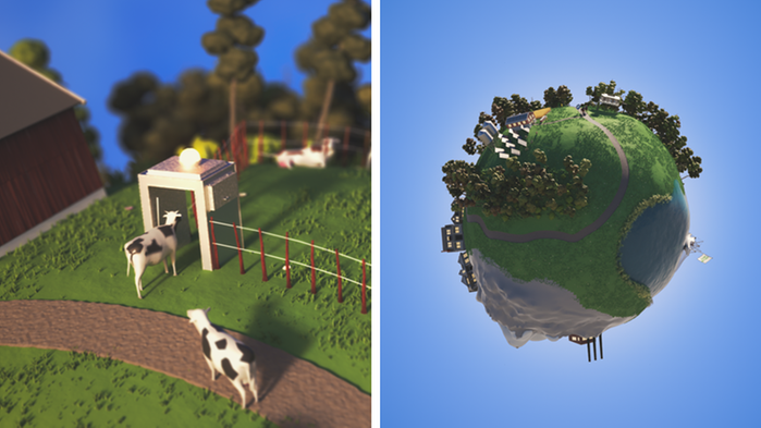Två bilder. Kor i en hage som går igenom en sensor. Klot med olika miljöer runtom.