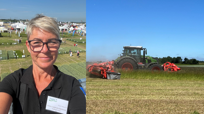 Jennie Cederholm Björklund och en traktor på en åker