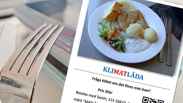 På bilden syns ett foto på två matlådor och bestick, samt en affisch om försäljning av Klimatlådor för 35 kr st. Affischen är från Halmstad kommun.