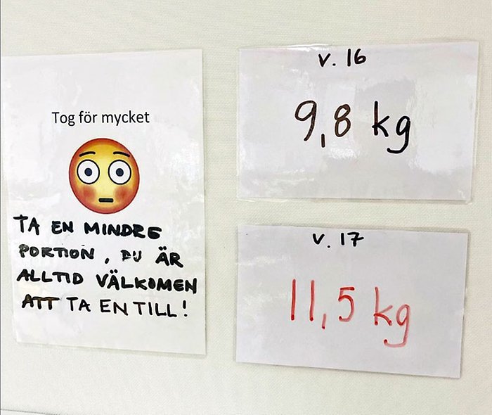 En vägg med skylt där det står "Tog för mycket" och resultat för vecka 16: 9,8 kilo samt vecka 17: 11,5 kilo