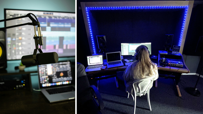 Mikrofon i en studio. Ung kvinna som sitter vid en dator i en studio.