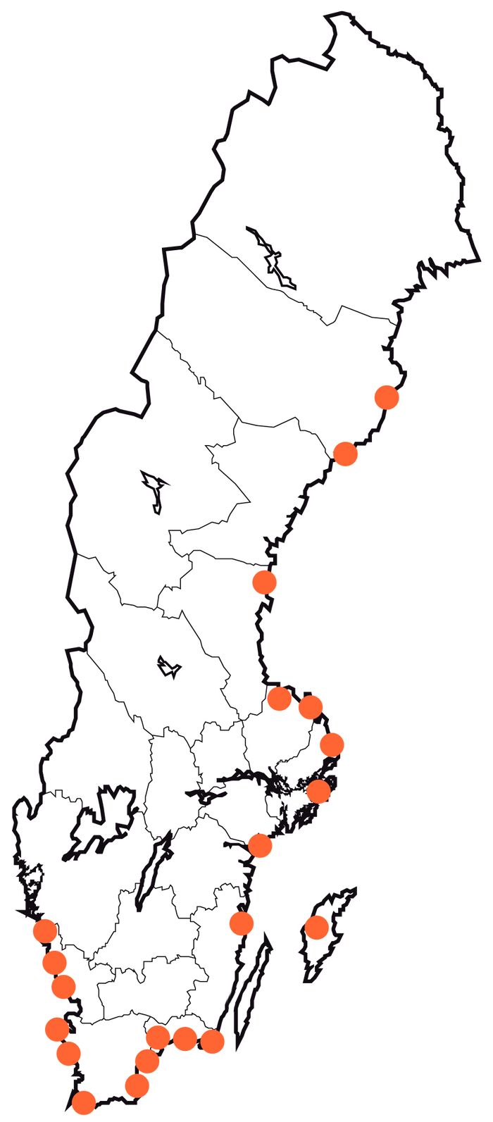 Sverigekarta med markeringar.