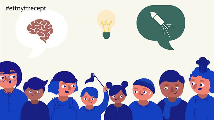 Illustration: En grupp människor. Över deras huvuden finns symboler: en hjärna, en glödlampa, en raket.